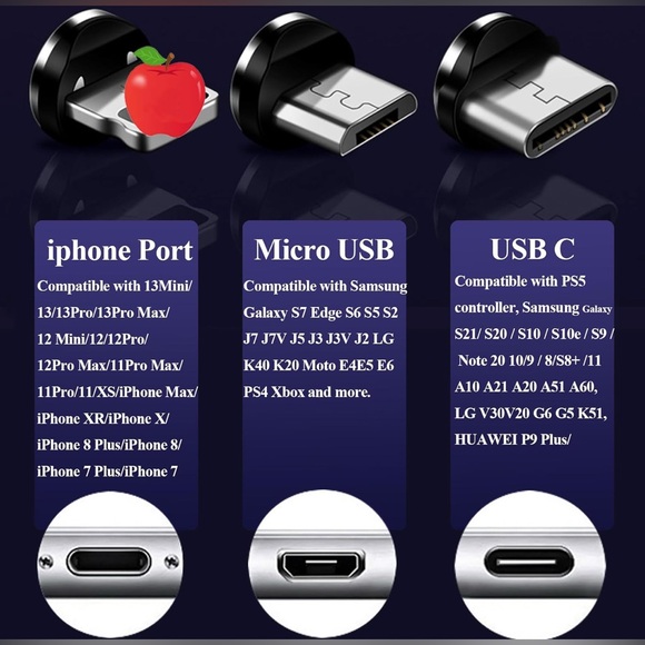 3 in 1 Magnetic Light Up Charging Cable 360 Rotating LED Universal Phone Charger - Picture 5 of 6